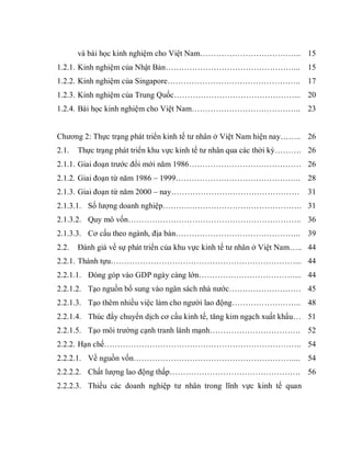 và bài học kinh nghiệm cho Việt Nam………………………………..
1.2.1. Kinh nghiệm của Nhật Bản…………………………………………...
1.2.2. Kinh nghiệm của Singapore…………………………………………..
1.2.3. Kinh nghiệm của Trung Quốc………………………………………...
1.2.4. Bài học kinh nghiệm cho Việt Nam…………………………………..
Chương 2: Thực trạng phát triển kinh tế tư nhân ở Việt Nam hiện nay……..
2.1. Thực trạng phát triển khu vực kinh tế tư nhân qua các thời kỳ……….
2.1.1. Giai đoạn trước đổi mới năm 1986……………………………………
2.1.2. Giai đoạn từ năm 1986 – 1999………………………………………..
2.1.3. Giai đoạn từ năm 2000 – nay…………………………………………
2.1.3.1. Số lượng doanh nghiệp…………………………………………….
2.1.3.2. Quy mô vốn………………………………………………………..
2.1.3.3. Cơ cấu theo ngành, địa bàn………………………………………..
2.2. Đánh giá về sự phát triển của khu vực kinh tế tư nhân ở Việt Nam…..
2.2.1. Thành tựu……………………………………………………………...
2.2.1.1. Đóng góp vào GDP ngày càng lớn………………………………...
2.2.1.2. Tạo nguồn bổ sung vào ngân sách nhà nước………………………
2.2.1.3. Tạo thêm nhiều việc làm cho người lao động……………………..
2.2.1.4. Thúc đẩy chuyển dịch cơ cấu kinh tế, tăng kim ngạch xuất khẩu…
2.2.1.5. Tạo môi trường cạnh tranh lành mạnh…………………………….
2.2.2. Hạn chế………………………………………………………………..
2.2.2.1. Về nguồn vốn……………………………………………………...
2.2.2.2. Chất lượng lao động thấp………………………………………….
2.2.2.3. Thiếu các doanh nghiệp tư nhân trong lĩnh vực kinh tế quan
15
15
17
20
23
26
26
26
28
31
31
36
39
44
44
44
45
48
51
52
54
54
56
 