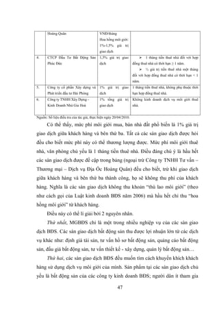 47
Hoàng Quân VNĐ/tháng
Hoa hồng môi giới:
1%-1,5% giá trị
giao dịch
4. CTCP Đầu Tư Bất Động Sản
Phúc Đức
1,5% giá trị giao
dịch
 1 tháng tiền thuê nhà đối với hợp
đồng thuê nhà có thời hạn ≥ 1 năm.
 ½ giá trị tiền thuê nhà một tháng
đối với hợp đồng thuê nhà có thời hạn < 1
năm.
5. Công ty cổ phần Xây dựng và
Phát triển đầu tư Hải Phòng
1% giá trị giao
dịch
1 tháng tiền thuê nhà, không phụ thuộc thời
hạn hợp đồng thuê nhà.
6. Công ty TNHH Xây Dựng -
Kinh Doanh Nhà Gia Hoà
1% tổng giá trị
giao dịch
Không kinh doanh dịch vụ môi giới thuê
nhà.
Nguồn: Số liệu điều tra của tác giả, thực hiện ngày 20/04/2010.
Có thể thấy, mức phí môi giới mua, bán nhà đất phổ biến là 1% giá trị
giao dịch giữa khách hàng và bên thứ ba. Tất cả các sàn giao dịch được hỏi
đều cho biết mức phí này có thể thương lượng được. Mức phí môi giới thuê
nhà, văn phòng chủ yếu là 1 tháng tiền thuê nhà. Điều đáng chú ý là hầu hết
các sàn giao dịch được đề cập trong bảng (ngoại trừ Công ty TNHH Tư vấn –
Thương mại – Dịch vụ Địa Ốc Hoàng Quân) đều cho biết, trừ khi giao dịch
giữa khách hàng và bên thứ ba thành công, họ sẽ không thu phí của khách
hàng. Nghĩa là các sàn giao dịch không thu khoản “thù lao môi giới” (theo
như cách gọi của Luật kinh doanh BĐS năm 2006) mà hầu hết chỉ thu “hoa
hồng môi giới” từ khách hàng.
Điều này có thể lí giải bởi 2 nguyên nhân.
Thứ nhất, MGBĐS chỉ là một trong nhiều nghiệp vụ của các sàn giao
dịch BĐS. Các sàn giao dịch bất động sản thu được lợi nhuận lớn từ các dịch
vụ khác như: định giá tài sản, tư vấn hồ sơ bất động sản, quảng cáo bất động
sản, đấu giá bất động sản, tư vấn thiết kế - xây dựng, quản lý bất động sản…
Thứ hai, các sàn giao dịch BĐS đều muốn tìm cách khuyến khích khách
hàng sử dụng dịch vụ môi giới của mình. Sản phẩm tại các sàn giao dịch chủ
yếu là bất động sản của các công ty kinh doanh BĐS; người dân ít tham gia
 