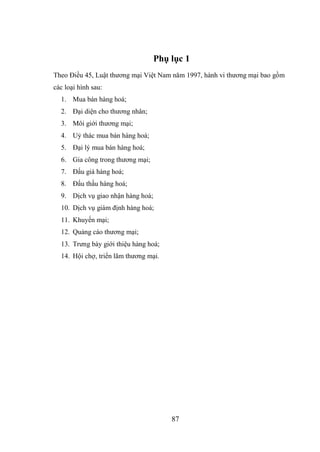87
Phụ lục 1
Theo Điều 45, Luật thương mại Việt Nam năm 1997, hành vi thương mại bao gồm
các loại hình sau:
1. Mua bán hàng hoá;
2. Đại diện cho thương nhân;
3. Môi giới thương mại;
4. Uỷ thác mua bán hàng hoá;
5. Đại lý mua bán hàng hoá;
6. Gia công trong thương mại;
7. Đấu giá hàng hoá;
8. Đấu thầu hàng hoá;
9. Dịch vụ giao nhận hàng hoá;
10. Dịch vụ giám định hàng hoá;
11. Khuyến mại;
12. Quảng cáo thương mại;
13. Trưng bày giới thiệu hàng hoá;
14. Hội chợ, triển lãm thương mại.
 