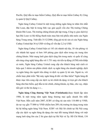 58
Pacific, Quỹ đầu tư mạo hiểm Cathay, Quỹ đầu tư mạo hiểm Cathay II, Công
ty quản lý Quỹ Cathay.
Ngân hàng Cathay United là một trong những ngân hàng tư nhân lớn nhất
Đài Loan, đặc biệt là trong lĩnh vực giải quyết vốn cho Thị trường Chứng
khoán Đài Loan, Thị trường chứng khoán phi tập trung, Công ty giao dịch kỳ
hạn Đài Loan và Hệ thống thanh toán mua bán trái phiếu nhà nước của Ngân
hàng Trung ương. Tính đến 31/12/2006, tổng giá trị tài sản có của Ngân hàng
Cathay United đạt 36 tỷ USD và tổng số vốn đạt 2,2 tỷ USD.
Ngân hàng Cathay United hiện có 143 chi nhánh nội địa, 10 văn phòng và
chi nhánh hải ngoại và hơn 169 phòng giao dịch nằm trong các trung tâm
chứng khoán. Nhờ mạng lưới giao dịch rộng lớn trong nước và quốc tế cùng
nền tảng công nghệ hàng đầu với 1.751 máy rút tiền tự động (ATM) trên khắp
cả nước, Ngân hàng Cathay United cung cấp cho khách hàng một cách có
hiệu quả 3 nhóm sản phẩm chính: dịch vụ ngân hàng cho doanh nghiệp, dịch
vụ ngân hàng cho người tiêu dùng và dịch vụ quản lý tài sản. Ngoài ra, với
chiến lược phát triển "Bộ máy ngân hàng đi đôi với Bảo hiểm" Ngân hàng đã
được mục tiêu cung cấp các dịch vụ tài chính đa dạng và trọn gói cho khách
hàng như bảo hiểm, quỹ đầu tư tài chính, chứng khoán, ủy thác, cho vay, nhận
tiền gửi và thẻ tín dụng v.v...
Ngân hàng Công thƣơng Việt Nam (Vietinbank) được thành lập năm
1988, là một trong năm ngân hàng thương mại quốc doanh lớn nhất
Việt Nam. Đến cuối năm 2007, ICBV có tổng tài sản trên 118.400 tỷ VNĐ,
dư nợ vay gần 77.000 tỷ VNĐ chiếm hơn 20% thị trường tín dụng trong toàn
bộ hệ thống ngân hàng Việt Nam. ICBV với Hội Sở chính tại Hà Nội cung
cấp các dịch vụ ngân hàng đa dạng cho mọi đối tượng khách hàng với một
mạng lưới rộng lớn của 2 Sở giao dịch tại Hà Nội và Tp. Hồ Chí Minh, 134
 