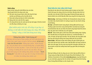 Nước uống
Nước là thức uống tốt nhất để làm dịu cơn khát.
Hãy khuyến khích trẻ uống nước máy:
Để nước máy trong tủ lạnh, thêm đá, ống hút hoặc
một lát cam để tăng sự thu hút đối với trẻ.
Đưa nước uống vào bữa ăn chính và bữa dặm.
Mang một chai nước khi đi ra ngoài.
Chỉ uống tối đa nửa cốc nước ép trái cây một ngày (125ml) và tránh
các đồ uống có đường và có ga.
Đưa bữa ăn vào nếp sinh hoạt
Đưa bữa ăn vào nếp sinh hoạt thường xuyên sẽ giúp con bạn hình
thành thói quen ăn uống có lợi cho sức khỏe. Hãy dọn bữa chính và
bữa dặm vào một giờ cố định hàng ngày. Khoảng thời gian giữa các
bữa ăn khiến cho cơ thể thấy đói. Điều này cũng tốt cho răng của trẻ.
Bữa ăn sáng – buổi sáng có thể bận rộn nhưng bữa ăn sáng vô cùng
cần thiết. Việc chuẩn bị bánh mì nướng và ngũ cốc vừa nhanh chóng
vừa dễ dàng.
Ăn trưa – phổ biến là bánh xăng-đuých, không đắt lại dễ sửa soạn.
Thường xuyên cho trẻ ăn cùng một loại đồ ăn vào bữa trưa cũng tốt
nếu đó là đồ ăn tốt cho sức khỏe như bánh xăng-đuých bột thô với bơ
thực vật, phó mát ít chất béo và cà rốt nghiền.
Bữa tối – Bữa ăn đơn giản có thể chứa nhiều dinh dưỡng. Hãy cố gắng
dọn một đĩa thức ăn trong đó một nửa là rau, ¼ là thịt/chất đạm, ¼
cơm, mì hoặc các loại ngũ cốc khác. Trái cây cắt lát, sữa chua giảm chất
béo hay sữa trứng là những món tráng miệng tốt cho sức khỏe.
Bữa ăn dặm - Một bữa ăn dặm dinh dưỡng vào giờ cố định giữa các
bữa chính tốt hơn là ăn vặt liên miên. Hãy bảo đảm hai hoặc ba bữa ăn
dặm nhỏ mỗi ngày. Trái cây, sữa chua hay phó mát giảm chất béo, rau
sấy và bánh mì bột thô nướng hoặc bánh quy giòn đều là những lựa
chọn tốt.
Nếu bạn lo lắng về việc ăn uống của con mình, hãy trao đổi với bác sĩ.
Trang mạng của Hiệp Hội Bác Sỹ Chuyên Khoa Dinh Dưỡng Úc (The
Dietitans Association of Australia) www.daa.asn.au cung cấp thông tin
và các tờ dữ kiện, giúp bạn liên hệ với Bác Sĩ Chuyên Khoa Dinh Dưỡng
Được Chứng Nhận để được tư vấn chuyên môn.
Quá nhiều nước trái cây, đồ uống có ga hay có
đường có thể dẫn tới tình trạng sâu răng. Đồ uống
“kiêng” cũng có thể làm hỏng men răng.
Những thực phẩm “thỉnh thoảng ăn”
Nên hạn chế ăn một số thực phẩm chế biến như khoai tây
chiên, kẹo, nước ngọt và một số đồ ăn nhanh, tối đa một
hoặc hai lần một tuần. Những thực phẩm “thỉnh thoảng
ăn” này nên được dọn ra với một lượng nhỏ, và tránh dùng
để dụ dỗ trẻ ăn thức ăn khác!” Xem cột kế tiếp để có thêm
ý tưởng về những đồ ăn vặt tốt cho sức khỏe. Để giải
quyết tình trạng trẻ đòi những thực phẩm chỉ được “thỉnh
thoảng ăn”, hãy đặt ra các quy tắc rõ ràng về thời điểm
trẻ được ăn những thực phẩm này.
■
■
■
■
 