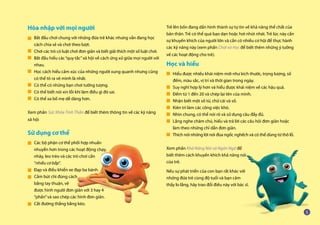 Hòa nhập với mọi người
Bắt đầu chơi chung với những đứa trẻ khác nhưng vẫn đang học
cách chia sẻ và chơi theo lượt.
Chơi các trò có luật chơi đơn giản và biết giải thích một số luật chơi.
Bắt đầu hiểu các“quy tắc”xã hội về cách ứng xử giữa mọi người với
nhau.
Học cách hiểu cảm xúc của những người xung quanh nhưng cũng
có thể tỏ ra vẻ mình là nhất.
Có thể có những bạn chơi tưởng tượng.
Có thể biết nói xin lỗi khi làm điều gì đó sai.
Có thể xa bố mẹ dễ dàng hơn.
Xem phần Sức Khỏe Tinh Thần để biết thêm thông tin về các kỹ năng
xã hội
Sử dụng cơ thể
Các bộ phận cơ thể phối hợp nhuần
nhuyễn hơn trong các hoạt động chạy,
nhảy, leo trèo và các trò chơi cần
“nhiều cơ bắp”.
Đạp và điều khiển xe đạp ba bánh.
Cầm bút chì đúng cách
bằng tay thuận, vẽ
được hình người đơn giản với 3 hay 4
“phần”và sao chép các hình đơn giản.
Cắt đường thẳng bằng kéo.
Trẻ lên bốn đang dần hình thành sự tự tin về khả năng thể chất của
bản thân. Trẻ có thể quá bạo dạn hoặc hơi nhút nhát. Trẻ lúc này cần
sự khuyến khích của người lớn và cần có nhiều cơ hội để thực hành
các kỹ năng này (xem phần Chơi và Học để biết thêm những ý tưởng
về các hoạt động cho trẻ).
Học và hiểu
Hiểu được nhiều khái niệm mới như kích thước, trọng lượng, số
đếm, màu sắc, vị trí và thời gian trong ngày.
Suy nghĩ hợp lý hơn và hiểu được khái niệm về các hậu quả.
Đếm từ 1 đến 20 và chép lại tên của mình.
Nhận biết một số từ, chữ cái và số.
Kiên trì làm các công việc khó.
Nhìn chung, có thể nói rõ và sử dụng câu đầy đủ.
Lắng nghe chăm chú, hiểu và trả lời các câu hỏi đơn giản hoặc
làm theo những chỉ dẫn đơn giản.
Thích nói những lời nói đùa ngốc nghếch và có thể dùng từ thô lỗ.
Xem phần Khả Năng Nói và Ngôn Ngữ để
biết thêm cách khuyến khích khả năng nói
của trẻ.
Nếu sự phát triển của con bạn rất khác với
những đứa trẻ cùng độ tuổi và bạn cảm
thấy lo lắng, hãy trao đổi điều này với bác sĩ.
■
■
■
■
■
■
■
■
■
■
■
■
■
■
■
■
■
■
■
 