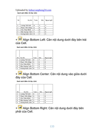 Uploaded by tinhocvanphong24.com
133
+ Align Bottom Left: Căn nội dung dưới đáy bên trái
của Cell.
+ Align Bottom Center: ...