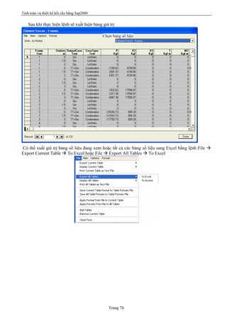 Tính toán và thiết kế kết cấu bằng Sap2000
Trang 76
Sau khi thực hiện lệnh sẽ xuất hiện bảng giá trị
Có thể xuất giá trị bảng số liệu đang xem hoặc tất cả các bảng số liệu sang Excel bằng lệnh File à
Export Current Table à To Excel hoặc File à Export All Tables à To Excel
Chọn bảng số liệu
 