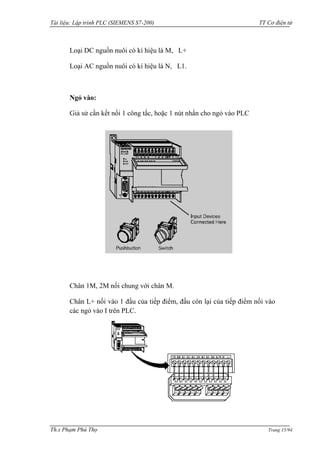 Tài liệu: Lập trình PLC (SIEMENS S7-200) TT Cơ điện tử 
Th.s Phạm Phú Thọ Trang 15/94 
Loại DC nguồn nuôi có kí hiệu là M, L+ 
Loại AC nguồn nuôi có kí hiệu là N, L1. 
Ngỏ vào: 
Giả sử cần kết nối 1 công tắc, hoặc 1 nút nhấn cho ngỏ vào PLC 
Chân 1M, 2M nối chung với chân M. 
Chân L+ nối vào 1 đầu của tiếp điểm, đầu còn lại của tiếp điểm nối vào các ngỏ vào I trên PLC. 
 