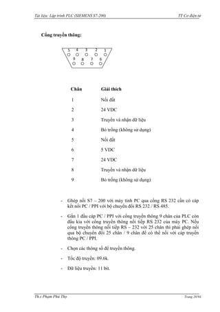 Tài liệu: Lập trình PLC (SIEMENS S7-200) TT Cơ điện tử 
Th.s Phạm Phú Thọ Trang 20/94 
Cổng truyền thông: 
Chân Giải thích 
1 Nối đất 
2 24 VDC 
3 Truyền và nhận dữ liệu 
4 Bỏ trống (không sử dụng) 
5 Nối đất 
6 5 VDC 
7 24 VDC 
8 Truyền và nhận dữ liệu 
9 Bỏ trống (không sử dụng) 
- Ghép nối S7 – 200 với máy tính PC qua cổng RS 232 cần có cáp kết nối PC / PPI với bộ chuyển đổi RS 232 / RS 485. 
- Gắn 1 đầu cáp PC / PPI với cổng truyền thông 9 chân của PLC còn đầu kia với cổng truyền thông nối tiếp RS 232 của máy PC. Nếu cổng truyền thông nối tiếp RS – 232 với 25 chân thì phải ghép nối qua bộ chuyển đổi 25 chân / 9 chân để có thể nối với cáp truyền thông PC / PPI. 
- Chọn các thông số để truyền thông. 
- Tốc độ truyền: 09.6k. 
- Dữ liệu truyền: 11 bit. 
5 
4 
3 
2 
1 
6 
7 
8 
9  