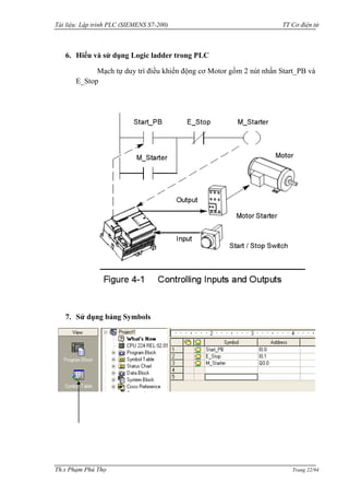 Tài liệu: Lập trình PLC (SIEMENS S7-200) TT Cơ điện tử 
Th.s Phạm Phú Thọ Trang 22/94 
6. Hiểu và sử dụng Logic ladder trong PLC 
Mạch tự duy trì điều khiển động cơ Motor gồm 2 nút nhấn Start_PB và E_Stop 
7. Sử dụng bảng Symbols 
 