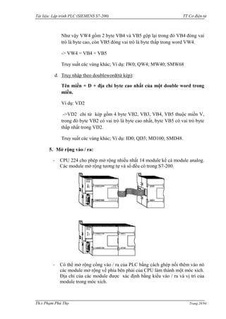 Tài liệu: Lập trình PLC (SIEMENS S7-200) TT Cơ điện tử 
Th.s Phạm Phú Thọ Trang 28/94 
Nhƣ vậy VW4 gồm 2 byte VB4 và VB5 gộp lại trong đó VB4 đóng vai trò là byte cao, còn VB5 đóng vai trò là byte thấp trong word VW4. 
-> VW4 = VB4 + VB5 
Truy suất các vùng khác; Ví dụ: IW0; QW4; MW40; SMW68 
d. Truy nhập theo doubleword(từ kép): 
Tên miền + D + địa chỉ byte cao nhất của một double word trong miền. 
Ví dụ: VD2 
->VD2 chỉ từ kép gồm 4 byte VB2, VB3, VB4, VB5 thuộc miền V, trong đó byte VB2 có vai trò là byte cao nhất, byte VB5 có vai trò byte thấp nhất trong VD2. 
Truy suất các vùng khác; Ví dụ: ID0; QD3; MD100; SMD48. 
5. Mở rộng vào / ra: 
- CPU 224 cho phép mở rộng nhiều nhất 14 module kể cả module analog. 
Các module mở rộng tƣơng tự và số đều có trong S7-200. 
- Có thể mở rộng cổng vào / ra của PLC bằng cách ghép nối thêm vào nó các module mở rộng về phía bên phải của CPU làm thành một móc xích. Địa chỉ của các module đƣợc xác định bằng kiểu vào / ra và vị trí của module trong móc xích.  