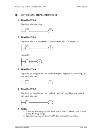 Tài liệu: Lập trình PLC (SIEMENS S7-200) TT Cơ điện tử 
Th.s Phạm Phú Thọ Trang 39/94 
II. MỘT SỐ LỆNH TIẾP ĐIỂM ĐẶC BIỆT 
1. Tiếp điểm SM0.0 
Tiếp điểm luôn luôn đóng. 
2. Tiếp điểm SM0.1 
Tiếp điểm phát ra 1 xung khi PLC chuyển từ chế độ STOP sang RUN. 
Netword 2 
3. Tiếp điểm SM0.4 
Tiếp điểm tạo xung liên tục, với chu kì là 60 giây. 30 giây đầu ở mức thấp, 30 giây sau ở mức cao. 
4. Tiếp điểm SM0.5 
Tiếp điểm tạo xung liên tục, với chu kì là 1 giây. 0.5 giây đầu ở mức thấp, 0.5 giây sau ở mức cao. 
5. Bài tập 
a. Kiểm tra hoạt động các tiếp điểm SM0.0; SM0.1; SM0.4; SM0.5. Xem hƣớng dẫn trong tài liệu. 
b. Kiểm tra hoạt động tiếp điểm P và N. Xem hƣớng dẫn trong tài liệu.  
