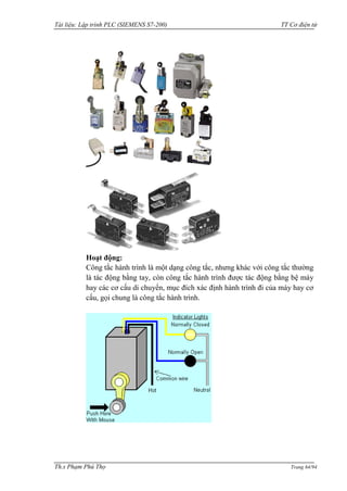 Tài liệu: Lập trình PLC (SIEMENS S7-200) TT Cơ điện tử 
Th.s Phạm Phú Thọ Trang 64/94 
Hoạt động: 
Công tắc hành trình là một dạng công tắc, nhƣng khác với công tắc thƣờng là tác động bằng tay, còn công tắc hành trình đƣợc tác động bằng bệ máy hay các cơ cấu di chuyển, mục đích xác định hành trình đi của máy hay cơ cấu, gọi chung là công tắc hành trình. 
 