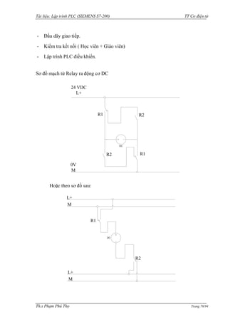 Tài liệu: Lập trình PLC (SIEMENS S7-200) TT Cơ điện tử 
Th.s Phạm Phú Thọ Trang 76/94 
- Đấu dây giao tiếp. 
- Kiểm tra kết nối ( Học viên + Giáo viên) 
- Lập trình PLC điều khiển. 
Sơ đồ mạch từ Relay ra động cơ DC 
24 VDC 
L+ 
0V 
M 
R1 
DC 
R1 
R2 
R2 
Hoặc theo sơ đồ sau: 
R1 
DC 
R2 
L+ 
M 
L+ 
M 
 