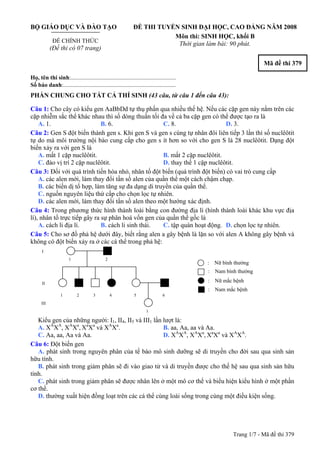Trang 1/7 - Mã đề thi 379
BỘ GIÁO DỤC VÀ ĐÀO TẠO
ĐỀ CHÍNH THỨC
(Đề thi có 07 trang)
ĐỀ THI TUYỂN SINH ĐẠI HỌC, CAO ĐẲNG NĂM 2008
Môn thi: SINH HỌC, khối B
Thời gian làm bài: 90 phút.
Mã đề thi 379
Họ, tên thí sinh:..........................................................................
Số báo danh:............................................................................
PHẦN CHUNG CHO TẤT CẢ THÍ SINH (43 câu, từ câu 1 đến câu 43):
Câu 1: Cho cây có kiểu gen AaBbDd tự thụ phấn qua nhiều thế hệ. Nếu các cặp gen này nằm trên các
cặp nhiễm sắc thể khác nhau thì số dòng thuần tối đa về cả ba cặp gen có thể được tạo ra là
A. 1. B. 6. C. 8. D. 3.
Câu 2: Gen S đột biến thành gen s. Khi gen S và gen s cùng tự nhân đôi liên tiếp 3 lần thì số nuclêôtit
tự do mà môi trường nội bào cung cấp cho gen s ít hơn so với cho gen S là 28 nuclêôtit. Dạng đột
biến xảy ra với gen S là
A. mất 1 cặp nuclêôtit. B. mất 2 cặp nuclêôtit.
C. đảo vị trí 2 cặp nuclêôtit. D. thay thế 1 cặp nuclêôtit.
Câu 3: Đối với quá trình tiến hóa nhỏ, nhân tố đột biến (quá trình đột biến) có vai trò cung cấp
A. các alen mới, làm thay đổi tần số alen của quần thể một cách chậm chạp.
B. các biến dị tổ hợp, làm tăng sự đa dạng di truyền của quần thể.
C. nguồn nguyên liệu thứ cấp cho chọn lọc tự nhiên.
D. các alen mới, làm thay đổi tần số alen theo một hướng xác định.
Câu 4: Trong phương thức hình thành loài bằng con đường địa lí (hình thành loài khác khu vực địa
lí), nhân tố trực tiếp gây ra sự phân hoá vốn gen của quần thể gốc là
A. cách li địa lí. B. cách li sinh thái. C. tập quán hoạt động. D. chọn lọc tự nhiên.
Câu 5: Cho sơ đồ phả hệ dưới đây, biết rằng alen a gây bệnh là lặn so với alen A không gây bệnh và
không có đột biến xảy ra ở các cá thể trong phả hệ:
Kiểu gen của những người: I1, II4, II5 và III1 lần lượt là:
A. XA
XA
, XA
Xa
, Xa
Xa
và XA
Xa
. B. aa, Aa, aa và Aa.
C. Aa, aa, Aa và Aa. D. XA
XA
, XA
Xa
, Xa
Xa
và XA
XA
.
Câu 6: Đột biến gen
A. phát sinh trong nguyên phân của tế bào mô sinh dưỡng sẽ di truyền cho đời sau qua sinh sản
hữu tính.
B. phát sinh trong giảm phân sẽ đi vào giao tử và di truyền được cho thế hệ sau qua sinh sản hữu
tính.
C. phát sinh trong giảm phân sẽ được nhân lên ở một mô cơ thể và biểu hiện kiểu hình ở một phần
cơ thể.
D. thường xuất hiện đồng loạt trên các cá thể cùng loài sống trong cùng một điều kiện sống.
I
II
III
1 2
1 2 3 54 6
1
: Nữ bình thường
: Nam bình thường
: Nữ mắc bệnh
: Nam mắc bệnh
 