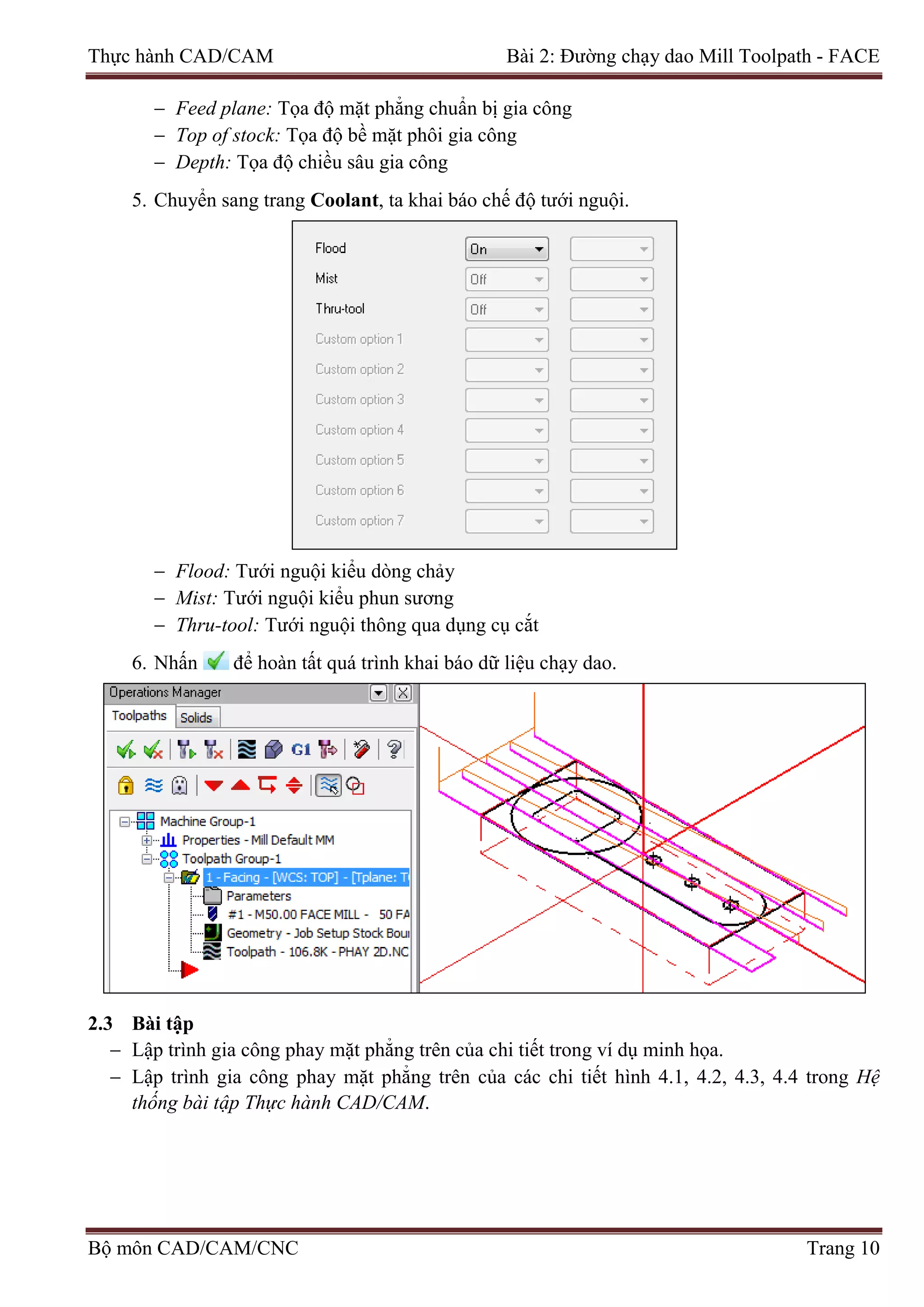 Thực hành CAD/CAM Bài 2: Đường chạy dao Mill Toolpath - FACE
− Feed plane: Tọa độ mặt phẳng chuẩn bị gia công
− Top of stock: Tọa độ bề mặt phôi gia công
− Depth: Tọa độ chiều sâu gia công
5. Chuyển sang trang Coolant, ta khai báo chế độ tưới nguội.
− Flood: Tưới nguội kiểu dòng chảy
− Mist: Tưới nguội kiểu phun sương
− Thru-tool: Tưới nguội thông qua dụng cụ cắt
6. Nhấn để hoàn tất quá trình khai báo dữ liệu chạy dao.
2.3 Bài tập
− Lập trình gia công phay mặt phẳng trên của chi tiết trong ví dụ minh họa.
− Lập trình gia công phay mặt phẳng trên của các chi tiết hình 4.1, 4.2, 4.3, 4.4 trong Hệ
thống bài tập Thực hành CAD/CAM.
Bộ môn CAD/CAM/CNC Trang 10
 