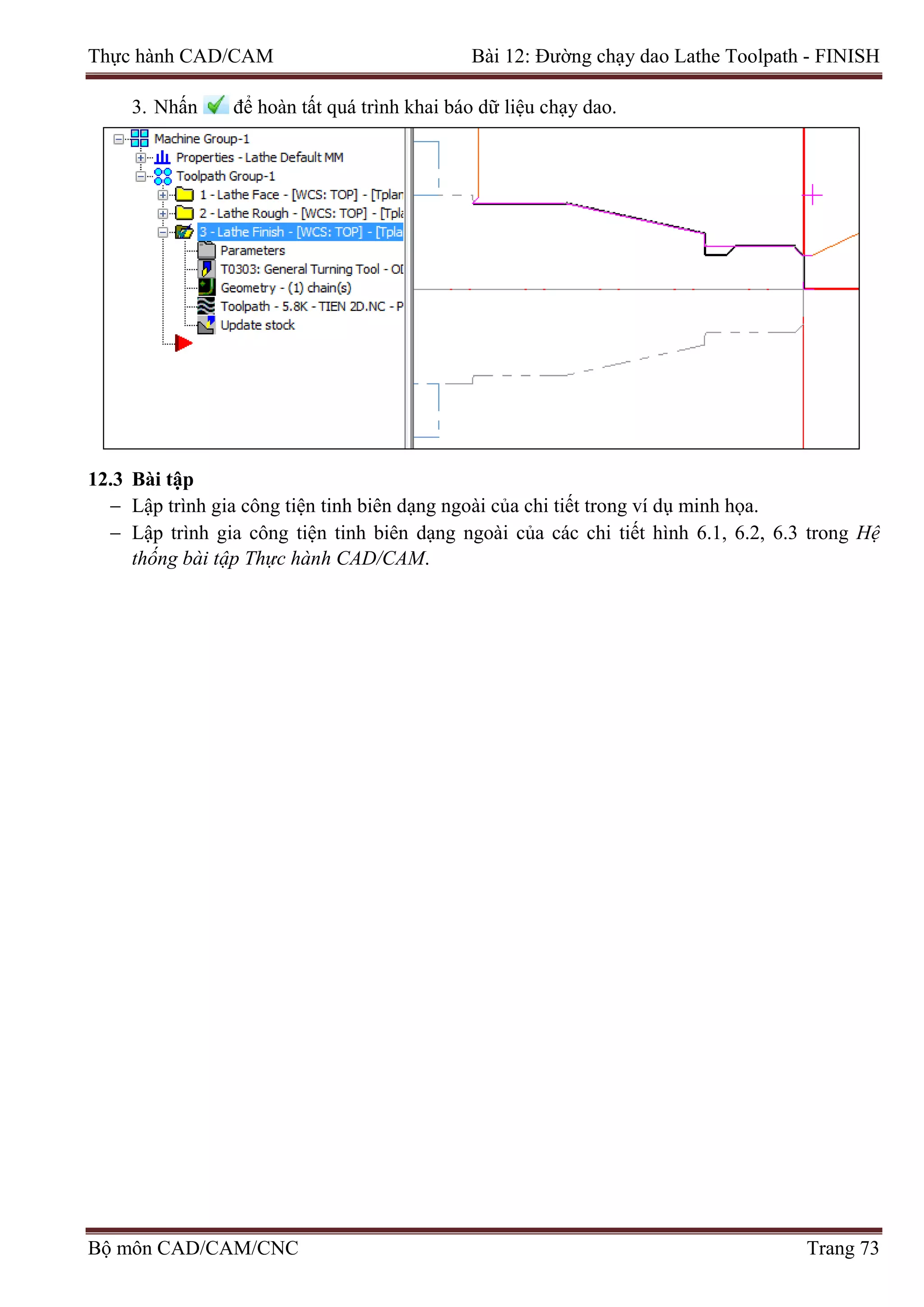 Thực hành CAD/CAM Bài 12: Đường chạy dao Lathe Toolpath - FINISH
3. Nhấn để hoàn tất quá trình khai báo dữ liệu chạy dao.
12.3 Bài tập
− Lập trình gia công tiện tinh biên dạng ngoài của chi tiết trong ví dụ minh họa.
− Lập trình gia công tiện tinh biên dạng ngoài của các chi tiết hình 6.1, 6.2, 6.3 trong Hệ
thống bài tập Thực hành CAD/CAM.
Bộ môn CAD/CAM/CNC Trang 73
 
