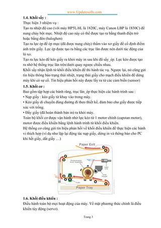 www.Updatesofts.com
Trang 3
1.4. Khối sấy :
Thực hiện 3 nhiệm vụ :
Tạo ra nhiệt độ cao (với máy HP5L/6L là 1820C, máy Canon LBP là 1830C) để
nung chảy bột mực. Nhiệt độ cao này có thể được tạo ra bằng thanh điện trở
hoặc bằng đèn (haloghen)
Tạo ra lực ép để ép mực (đã được nung chảy) thấm vào xơ giấy để cố định điểm
ảnh trên giấy. Lực ép được tạo ra bằng các trục lăn được nén dưới tác động của
lò xo.
Tạo ra lực kéo để kéo giấy ra khỏi máy in sau khi đã sấy_ép. Lực kéo được tạo
ra nhờ hệ thống trục lăn trên/dưới quay ngược chiều nhau.
Khối sấy nhận lệnh từ khối điều khiển để thi hành tác vụ. Ngược lại, nó cũng gửi
tín hiệu thông báo trạng thái nhiệt, trạng thái giấy cho mạch điều khiển để dừng
máy khi có sự cố. Tín hiệu phản hồi này được lấy ra từ các cảm biến (sensor)
1.5. Khối cơ :
Bao gồm tập hợp các bánh răng, trục lăn_ép thực hiện các hành trình sau :
• Nạp giấy : kéo giấy từ khay vào trong máy.
• Kéo giấy di chuyển đúng đường đi theo thiết kế, đảm bảo cho giấy được tiếp
xúc với trống.
• Đẩy giấy (đã hoàn thành bản in) ra khỏi máy.
Toàn bộ khối cơ được vận hành nhờ lực kéo từ 1 motor chính (capstan motor),
motor được điều khiển bằng lệnh hành trình từ khối điều khiển.
Hệ thống cơ cũng gửi tín hiệu phản hồi về khối điều khiển để thực hiện các hành
vi thích hợp (ví dụ như lặp lại động tác nạp giấy, dừng in và thông báo cho PC
khi hết giấy, dắt giấy …)
1.6. Khối điều khiển :
Điều hành toàn bộ mọi hoạt động của máy. Về mặt phương thức chính là điều
khiển tùy động (servo).
 