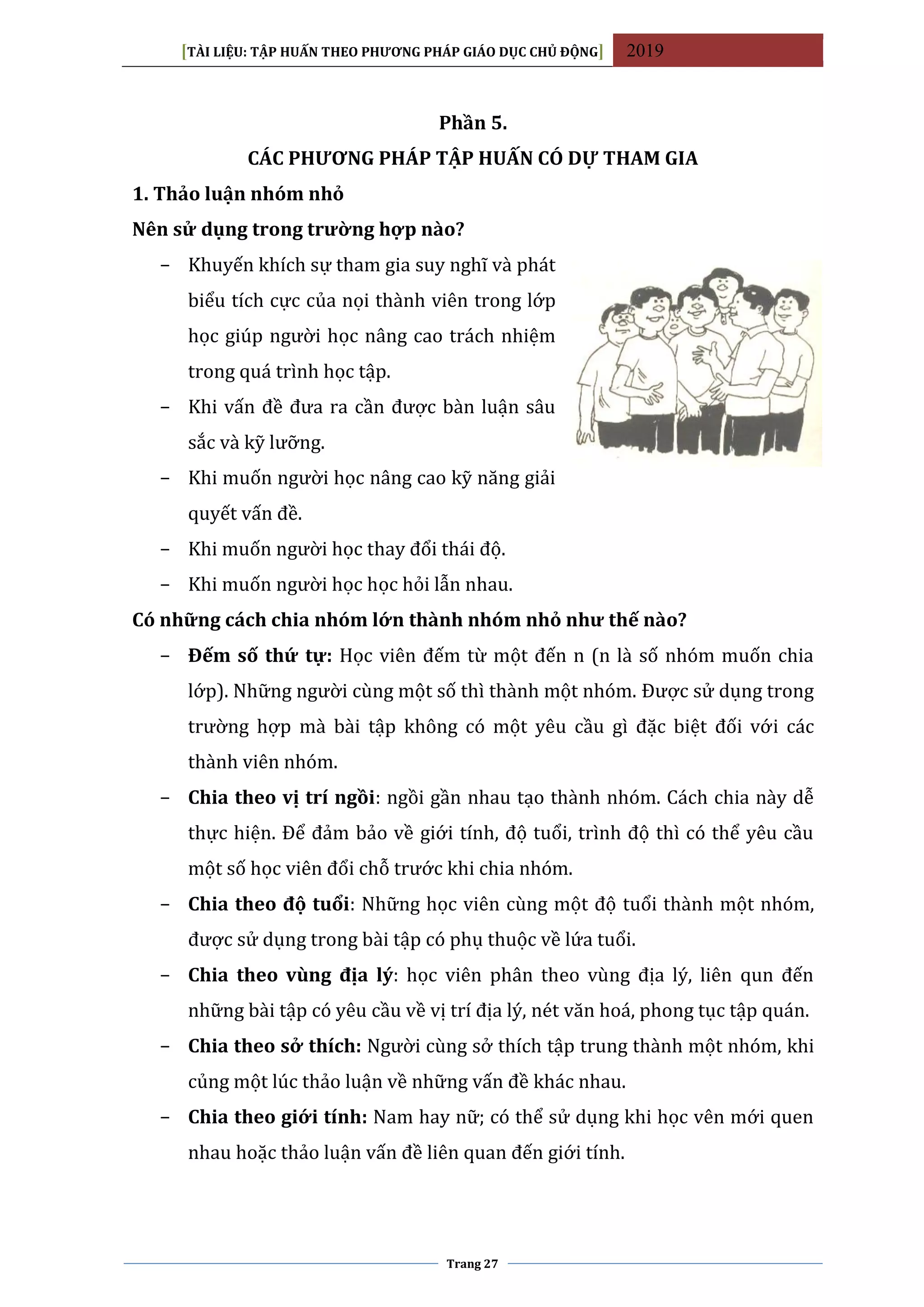 [TÀI LIỆU: TẬP HUẤN THEO PHƯƠNG PHÁP GIÁO DỤC CHỦ ĐỘNG] 2019
Trang 27
Phần 5.
CÁC PHƯƠNG PHÁP TẬP HUẤN CÓ DỰ THAM GIA
1. Thảo luận nhóm nhỏ
Nên sử dụng trong trường hợp nào?
− Khuyến khích sự tham gia suy nghĩ và phát
biểu tích cực của nọi thành viên trong lớp
học giúp người học nâng cao trách nhiệm
trong quá trình học tập.
− Khi vấn đề đưa ra cần được bàn luận sâu
sắc và kỹ lưỡng.
− Khi muốn người học nâng cao kỹ năng giải
quyết vấn đề.
− Khi muốn người học thay đổi thái độ.
− Khi muốn người học học hỏi lẫn nhau.
Có những cách chia nhóm lớn thành nhóm nhỏ như thế nào?
− Đếm số thứ tự: Học viên đếm từ một đến n (n là số nhóm muốn chia
lớp). Những người cùng một số thì thành một nhóm. Được sử dụng trong
trường hợp mà bài tập không có một yêu cầu gì đặc biệt đối với các
thành viên nhóm.
− Chia theo vị trí ngồi: ngồi gần nhau tạo thành nhóm. Cách chia này dễ
thực hiện. Để đảm bảo về giới tính, độ tuổi, trình độ thì có thể yêu cầu
một số học viên đổi chỗ trước khi chia nhóm.
− Chia theo độ tuổi: Những học viên cùng một độ tuổi thành một nhóm,
được sử dụng trong bài tập có phụ thuộc về lứa tuổi.
− Chia theo vùng địa lý: học viên phân theo vùng địa lý, liên qun đến
những bài tập có yêu cầu về vị trí địa lý, nét văn hoá, phong tục tập quán.
− Chia theo sở thích: Người cùng sở thích tập trung thành một nhóm, khi
củng một lúc thảo luận về những vấn đề khác nhau.
− Chia theo giới tính: Nam hay nữ; có thể sử dụng khi học vên mới quen
nhau hoặc thảo luận vấn đề liên quan đến giới tính.
 