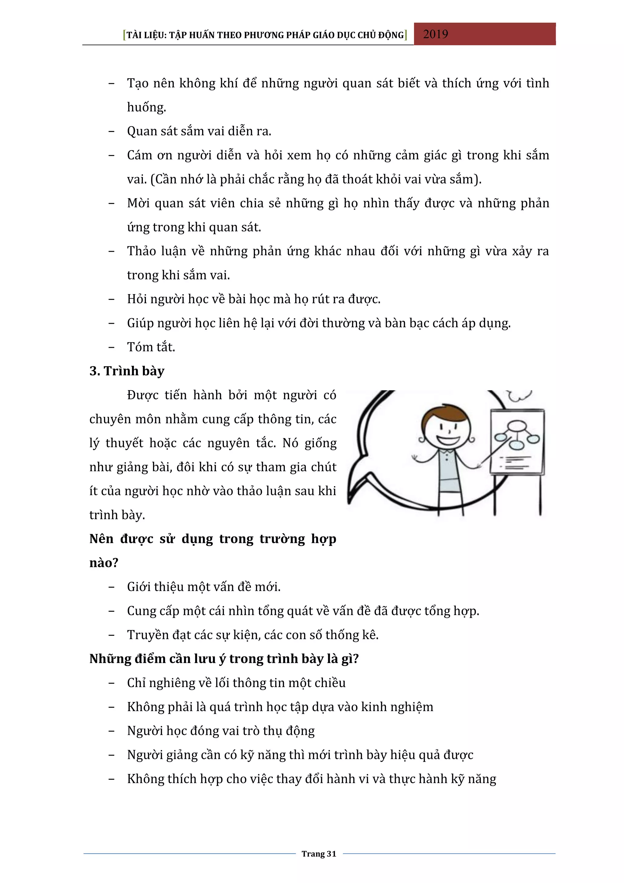 [TÀI LIỆU: TẬP HUẤN THEO PHƯƠNG PHÁP GIÁO DỤC CHỦ ĐỘNG] 2019
Trang 31
− Tạo nên không khí để những người quan sát biết và thích ứng với tình
huống.
− Quan sát sắm vai diễn ra.
− Cám ơn người diễn và hỏi xem họ có những cảm giác gì trong khi sắm
vai. (Cần nhớ là phải chắc rằng họ đã thoát khỏi vai vừa sắm).
− Mời quan sát viên chia sẻ những gì họ nhìn thấy được và những phản
ứng trong khi quan sát.
− Thảo luận về những phản ứng khác nhau đối với những gì vừa xảy ra
trong khi sắm vai.
− Hỏi người học về bài học mà họ rút ra được.
− Giúp người học liên hệ lại với đời thường và bàn bạc cách áp dụng.
− Tóm tắt.
3. Trình bày
Được tiến hành bởi một người có
chuyên môn nhằm cung cấp thông tin, các
lý thuyết hoặc các nguyên tắc. Nó giống
như giảng bài, đôi khi có sự tham gia chút
ít của người học nhờ vào thảo luận sau khi
trình bày.
Nên được sử dụng trong trường hợp
nào?
− Giới thiệu một vấn đề mới.
− Cung cấp một cái nhìn tổng quát về vấn đề đã được tổng hợp.
− Truyền đạt các sự kiện, các con số thống kê.
Những điểm cần lưu ý trong trình bày là gì?
− Chỉ nghiêng về lối thông tin một chiều
− Không phải là quá trình học tập dựa vào kinh nghiệm
− Người học đóng vai trò thụ động
− Người giảng cần có kỹ năng thì mới trình bày hiệu quả được
− Không thích hợp cho việc thay đổi hành vi và thực hành kỹ năng
 