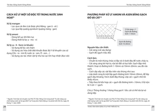 Tài liệu Sống Xanh Sống Khỏe
28 TRUNG TÂM HÀNH ĐỘNG VÌ SỰ PHÁT TRIỂN ĐÔ THỊ
Tài liệu Sống Xanh Sống Khỏe
29
9
Nguồn: Trích bài nói chuyện của PSG-TS Trần Hồng Côn trong buổi“Tư vấn nâng cao
chất lượng nước tại hộ gia đình”tại Trung tâm Hành động vì Sự phát triển Đô thị, ngày 28
tháng 11 năm 2009.
10
Nguồn: Trích bài nói chuyện của PSG-TS Trần Hồng Côn trong buổi“Tư vấn nâng cao
chất lượng nước tại hộ gia đình”tại Trung tâm Hành động vì Sự phát triển Đô thị, ngày 28
tháng 11 năm 2009.
CÁCH XỬ LÝ MỘT SỐ ĐỘC TỐ TRONG NƯỚC SINH
HOẠT9
Xử lý mangan
- Lọc qua cát đen (cát được phủ Măng - gan ô - xít )
- Lọc qua lớp quặng pyrolusit (quặng măng - gan)
Xử lý amoni
- Dùng bể sục khí liên tục
- Dùng thiết bị lọc a - mo - ni
Xử lý co - li - form (vi khuẩn)
- Sử dụng bể lọc cát chậm
- Sử dụng các hóa chất diệt khuẩn được Bộ Y tế khuyến cáo sử
dụng (Clo - ra - min B, nước Ja - ven, Ô - zon…)
- Sử dụng các tác nhân vật lý như tia cực tím hay nhiệt (đun sôi)
PHƯƠNG PHÁP XỬ LÝ AMONI VÀ ASEN BẰNG GẠCH
ĐỎ VÀ CÁT10
Nguyên liệu cần thiết:
- Cát vàng (cát xây dựng)
- Gạch đỏ (gạch mầu đỏ)
Cách làm:
- Chuẩn bị một thùng chứa có lắp vòi ở dưới đáy để nước chảy ra.
- Cát vàng sàng bỏ hạt to, rửa bỏ đất và bụi bẩn. Gạch đập nhỏ
thành 2 loại có đường kính 1-10mm và 10mm-20mm, sau đó rửa
sạch.
- Cách sắp xếp các vật liệu trên vào thùng như sau:
• Lớp dưới cùng là một lớp gạch đường kính 10mm-20mm, để lớp
gạch dày khoảng 10cm dưới đáy thùng. Lớp cát + gạch nhỏ tối
thiểu 45cm.
• Tiếp theo là hỗn hợp cát + gạch đỏ đường kính <10mm, tỉ lệ trộn
là 3 cát + 1 gạch.
Chú ý: Thông thường 1 tháng thay gạch 1 lần, cát có thể rửa lại và
dùng tiếp.
3 Cát vàng + 1
Gạch đỏ đường
kính 1-10mm
Gạch đỏ đường
kính 10-20mm
 