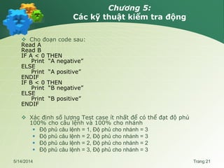 Chương 5:
Các kỹ thuật kiểm tra động
 Cho đoạn code sau:
Read A
Read B
IF A < 0 THEN
Print “A negative”
ELSE
Print “A positive”
ENDIF
IF B < 0 THEN
Print “B negative”
ELSE
Print “B positive”
ENDIF
 Xác định số lượng Test case ít nhất để có thể đạt độ phủ
100% cho câu lệnh và 100% cho nhánh
 Độ phủ câu lệnh = 1, Độ phủ cho nhánh = 3
 Độ phủ câu lệnh = 2, Độ phủ cho nhánh = 3
 Độ phủ câu lệnh = 2, Độ phủ cho nhánh = 2
 Độ phủ câu lệnh = 3, Độ phủ cho nhánh = 3
5/14/2014 Trang 21
 