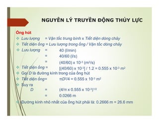 NGUYÊN LÝ TRUYỀN ĐỘNG THỦY LỰC
Ống hút
 Lưu lượng = Vận tốc trung bình x Tiết diện dòng chảy
 Tiết diện ống = Lưu lượng trong ống / Vận tốc dòng chảy
 Lưu lượng =
=
=
40 (l/min)
40/60 (l/s)
(40/60) x 10-3 (m3/s)
[(40/60) x 10-3] / 1.2 = 0.555 x 10-3 m2
 Tiết diện ống =
 Gọi D là đường kính trong của ống hút
 Tiết diện ống= πD2/4 = 0.555 x 10-3 m2
 Suy ra
 Đường kính nhỏ nhất của ống hút phải là: 0.2666 m = 26.6 mm
D = (4/π x 0.555 x 10-3)1/2
= 0.0266 m
 