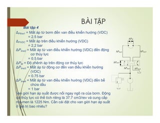 BÀI TẬP
ΔPline1
ΔPline2 ΔPline3
ΔPline4
ΔPDVC
ΔPM
Bài tập 4
ΔPline1 = Mất áp từ bơm đến van điều khiển hướng (VDC)
= 2.5 bar
ΔPVDC = Mất áp trên điều khiển hướng (VDC)
= 2.2 bar
ΔPline2 = Mất áp từ van điều khiển hướng (VDC) đến động
cơ thủy lực
= 0.5 bar
ΔPM = Độ chênh áp trên động cơ thủy lực
ΔPline3 = Mất áp từ động cơ đến van điều khiển hướng
(VDC)
= 0.75 bar
ΔPline4 = Mất áp từ van điều khiển hướng (VDC) đến bể
chứa dầu
= 1 bar
Van giới hạn áp suất được nối ngay ngõ ra của bơm. Động
cơ thủy lực có thể tích riêng là 37.7 cm3/rev và cung cấp
mô-men là 1225 Nm. Cần cài đặt cho van giới hạn áp suất
ở giá trị bao nhiêu?
 