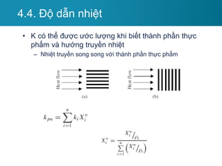 • K có thể được ước lượng khi biết thành phần thực
phẩm và hướng truyền nhiệt
– Nhiệt truyền song song với thành phần thực phẩm
4.4. Độ dẫn nhiệt
 