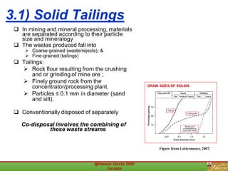 3.1) Solid Tailings
❑ In mining and mineral processing, materials
are separated according to their particle
size and mineralogy
❑ The wastes produced fall into
➢ Coarse-grained (waste/rejects); &
➢ Fine-grained (tailings)
❑ Tailings:
➢ Rock flour resulting from the crushing
and or grinding of mine ore ;
➢ Finely ground rock from the
concentrator/processing plant.
➢ Particles ≤ 0.1 mm in diameter (sand
and silt).
❑ Conventionally disposed of separately
Co-disposal involves the combining of
these waste streams
Figure from Lottermoser, 2007.
GRAIN SIZES OF SOLIDS
 