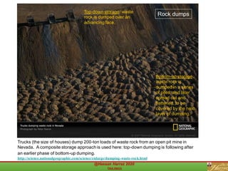 Trucks (the size of houses) dump 200-ton loads of waste rock from an open pit mine in
Nevada. A composite storage approach is used here: top-down dumping is following after
an earlier phase of bottom-up dumping.
http://science.nationalgeographic.com/science/enlarge/dumping-waste-rock.html
Rock dumpsTop-down storage: waste
rock is dumped over an
advancing face.
Bottom-up storage:
waste rock is
dumped in a series
of piles, and later
spread out and
flattened, to be
covered by the next
layer of dumping.
 