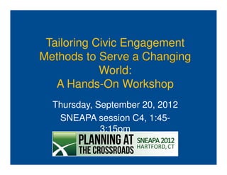 Tailoring Civic Engagement
Methods to Serve a Changing
            World:
   A Hands-On Workshop
  Thursday, September 20, 2012
   SNEAPA session C4, 1:45-
             3:15pm
 