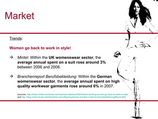 Market Trends :  Women go back to work in style! Mintel : Within the  UK womenswear sector , the  average   annual spent on a suit   rose around 3%   between 2006 and 2008. Branchenreport Berufsbekleidung : Within the  German  womenswear sector , the  average annual spent on high  quality workwear garments rose around 6%  in 2007.  (sources:  http://www.mintel.com/press-centre/press-releases/462/britains-working-women-go-back-to-work-in-style   and  http://blog.markt-studie.de/erfreuliche-zukunftsperspektiven-auf-dem-markt-fur-berufsbekleidung/#more-80 )  