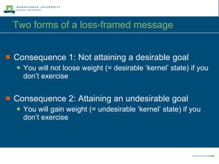 Two forms of a loss-framed message  Consequence 1: Not attaining a desirable goal You will not loose weight (= desirable ‘kernel’ state) if you don’t exercise Consequence 2: Attaining an undesirable goal You will gain weight (= undesirable ‘kernel’ state) if you don’t exercise 