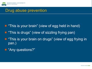 Drug abuse prevention “This is your brain” (view of egg held in hand) “This is drugs” (view of sizzling frying pan) “This is your brain on drugs” (view of egg frying in pan.) “Any questions?” 