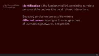 Identification is the fundamental link needed to correlate
    Personal Data
2   Mashups
                    personal data...