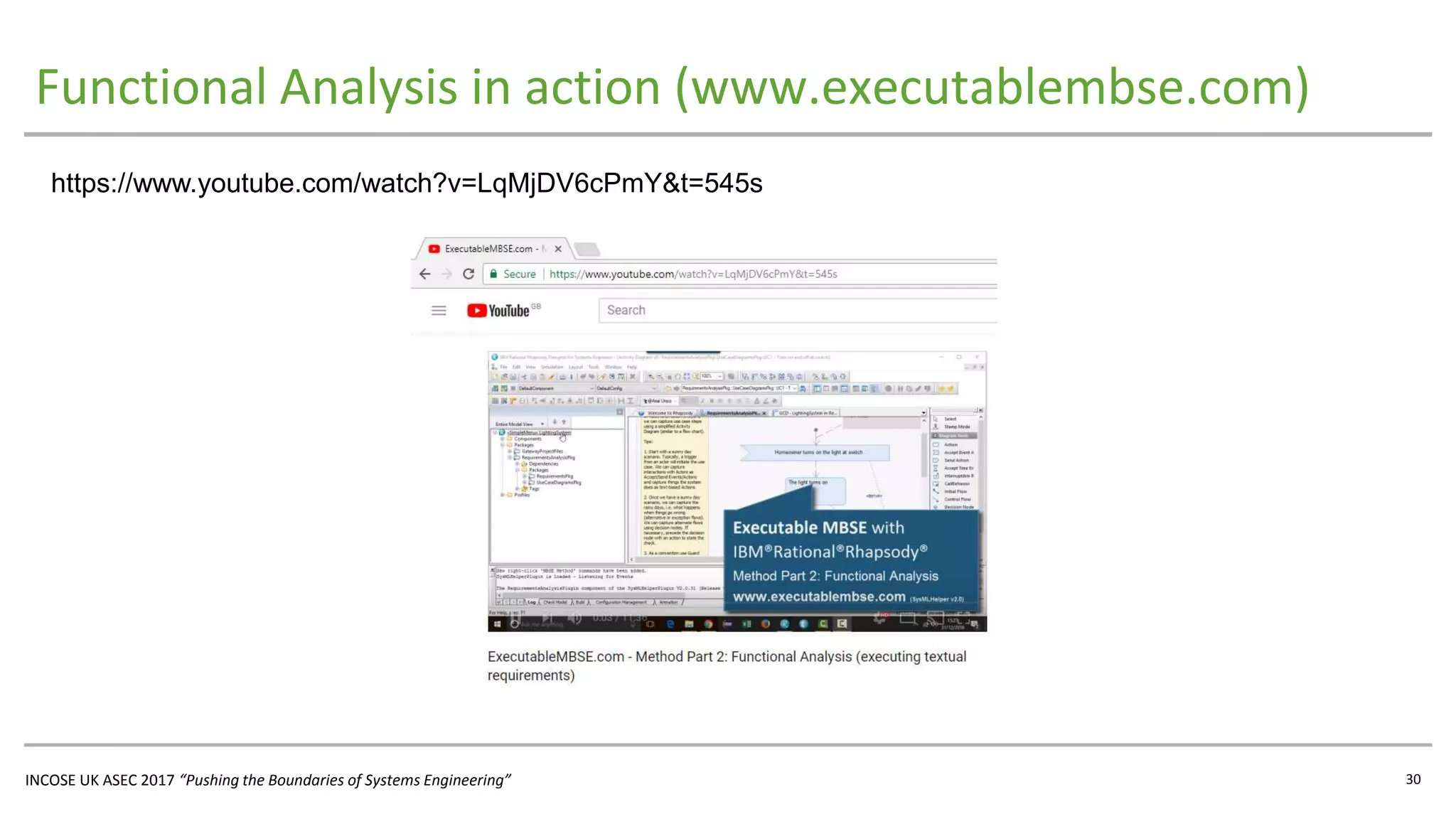 INCOSE UK ASEC 2017 “Pushing the Boundaries of Systems Engineering”
Functional Analysis in action (www.executablembse.com)
30
https://www.youtube.com/watch?v=LqMjDV6cPmY&t=545s
 