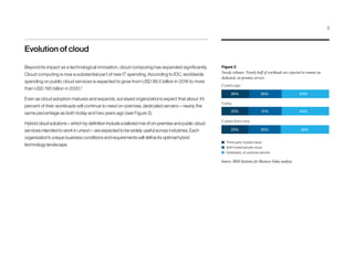 Figure 2
Steady reliance: Nearly half of workloads are expected to remain on
dedicated, on-premise servers
Source: IBM Institute for Business Value analysis
2 years ago
26% 30% 44%
Today
2 years from now
25% 31% 44%
25% 30% 45%
Third-party hosted cloud
Self-hosted private cloud
Dedicated, on-premise servers
Evolution of cloud
Beyond its impact as a technological innovation, cloud computing has expanded significantly.
Cloud computing is now a substantial part of new IT spending. According to IDC, worldwide
spending on public cloud services is expected to grow from USD 96.5 billion in 2016 to more
than USD 195 billion in 2020.2
Even as cloud adoption matures and expands, surveyed organizations expect that about 45
percent of their workloads will continue to need on-premise, dedicated servers – nearly the
same percentage as both today and two years ago (see Figure 2).
Hybrid cloud solutions – which by definition include a tailored mix of on-premise and public cloud
services intended to work in unison – are expected to be widely useful across industries. Each
organization’s unique business conditions and requirements will define its optimal hybrid
technology landscape.
3
 