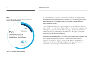 Figure 3
Getting it together: High-performing organizations focus more on
overall strategic cloud transformation
Source: IBM Institute for Business Value analysis
57%
more high performers than
low performers report fully
integrating their cloud initiatives
High-performing
organizations
22%
Low-performing
organizations
2.6x
So, how sophisticated are today’s organizations in identifying cloud opportunities
and implementing integrated solutions? More than twice as many high-performing
organizations report fully integrating their cloud initiatives than low-performing
organizations (see Figure 3).
Implementing cloud initiatives in an ad hoc fashion reinforces siloes among different
business units in the organization. Siloes result in numerous disadvantages and risks,
including the use of diverse, incompatible technologies, deviations from enterprise
architecture principles and funding duplicate functions, all of which contribute to
ongoing technology integration challenges.
Using the more mature approach of combining multiple related cloud initiatives into a
coordinated program enables: reusability of shared functions, elimination of
deviations from design principles, and cost savings by avoiding duplicates and
reducing future maintenance. Stronger integration of cloud projects becomes
transformative, in part through centralized, coordinated efforts.
4	 Tailoring hybrid cloud
 