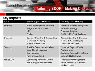 Key Impacts
Area          Early Stages of Maturity        Late Stages of Maturity
Portfolio     Brand Management Structure      Strategic Planning Integration
              Stage & Gate Process            Portfolio Strategy
              NPI                             Consumer Insights
              Pricing                         Co-Man/Co-Pack Decisions
Demand        Demand Planning & Forecasting   Demand Sensing & Shaping
              Statistical Modeling            Market & Chanel Inputs
              Sales Collaboration             Profitable Response
Supply        Specific Constraint Modeling    Extended Supply Chain
              Multi Tiered Inventory          Orchestration
              Management                      Strategic Commodity Linkage
              Network Modeled                 Network Optimization
Pre-S&OP      Optimizing Financial Drivers    Profitability Management
              Risk & Opportunity Drivers      Sense inbound & outbound
                                              market drivers
 