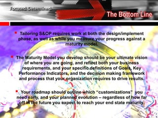     Tailoring S&OP requires work at both the design/implement
        phase, as well as while you measure your progress against a
                               maturity model.


   The Maturity Model you develop should be your ultimate vision
        of where you are going, and reflect both your business
      requirements, and your specific definitions of Goals, Key
     Performance Indicators, and the decision making framework
     and process that your organization requires to drive results.


     Your roadmap should outline which “customizations” you
    need early, and your planned evolution – regardless of how far
     off in the future you expect to reach your end state maturity.
 