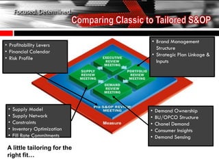 • Brand Management
• Profitability Levers
                                Structure
• Financial Calendar
                              • Strategic Plan Linkage &
• Risk Profile
                                Inputs




 •   Supply Model             •   Demand Ownership
 •   Supply Network           •   BU/OPCO Structure
 •   Constraints              •   Chanel Demand
 •   Inventory Optimization   •   Consumer Insights
 •   Fill Rate Commitments    •   Demand Sensing

 A little tailoring for the
 right fit…
 