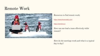 Remote Work
Resources to find remote work:
https://weworkremotely.com/
https://remotive.io
How can one lead a team effecti...