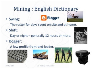 Mining : English Dictionary
• Swing:
      The roster for days spent on site and at home.
• Shift:
      Day or night – generally 12 hours or more.
• Bogger:
      A low profile front-end loader.




25 May 2012              (C) The Pivot Institute 2012
 