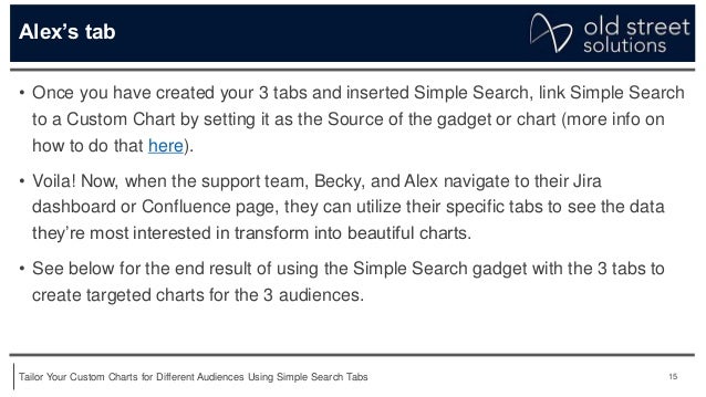 15
Tailor Your Custom Charts for Different Audiences Using Simple Search Tabs
Alex’s tab
• Once you have created your 3 tabs and inserted Simple Search, link Simple Search
to a Custom Chart by setting it as the Source of the gadget or chart (more info on
how to do that here).
• Voila! Now, when the support team, Becky, and Alex navigate to their Jira
dashboard or Confluence page, they can utilize their specific tabs to see the data
they’re most interested in transform into beautiful charts.
• See below for the end result of using the Simple Search gadget with the 3 tabs to
create targeted charts for the 3 audiences.
 