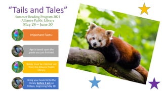“Tails and Tales”
Summer Reading Program 2021
Alliance Public Library
May 24 – June 30
Important Facts:
Age is based upon the
grade you just finished.
Books must be checked out
from the Alliance Public
Library.
Bring your book list to the
library before 3 pm on
Fridays, beginning May 28!
 