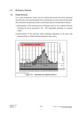 -18- The Study on Introduction of Renewable Energies
in Rural Areas in MYANMAR
Nippon Koei / IEEJ
Volume 4
Manuals Part 2
1.6 Hydropower Planning
(1) Design Discharge
For a small hydropower station with an isolated grid system, the power generated
should be above the load demanded when a backup power system cannot be provided.
The main points for planning of such a small hydro plant are summarised as follows:
1) determination of the minimum power discharge based on the available minimum
discharge for power generation ( 90 ~ 95% dependable discharge is a general
target)
2) determination of the maximum power discharge depending on the peak load
demand and the available discharge during the rainy season.
Min. Discharge
10
8 9 11 12
1 2 3 4 5 6 7
Non - Operation Period
Firm Power Output
Output
(kW)
Demand Qmin
Potential (Q min ) > Demand
Spill
out
Irrigation
Discharge
Q
(m
3
/s)
Source: JICA Study Team
Figure 1.6.1 Small Hydro Development Pattern-1
 