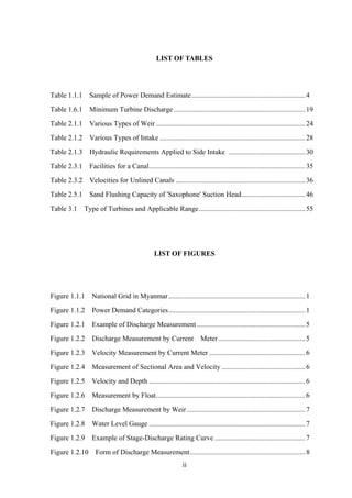 ii
LIST OF TABLES
Table 1.1.1 Sample of Power Demand Estimate................................................................4
Table 1.6.1 Minimum Turbine Discharge ..........................................................................19
Table 2.1.1 Various Types of Weir ....................................................................................24
Table 2.1.2 Various Types of Intake ..................................................................................28
Table 2.1.3 Hydraulic Requirements Applied to Side Intake ...........................................30
Table 2.3.1 Facilities for a Canal........................................................................................35
Table 2.3.2 Velocities for Unlined Canals .........................................................................36
Table 2.5.1 Sand Flushing Capacity of 'Saxophone' Suction Head....................................46
Table 3.1 Type of Turbines and Applicable Range............................................................55
LIST OF FIGURES
Figure 1.1.1 National Grid in Myanmar.............................................................................1
Figure 1.1.2 Power Demand Categories.............................................................................1
Figure 1.2.1 Example of Discharge Measurement .............................................................5
Figure 1.2.2 Discharge Measurement by Current Meter.................................................5
Figure 1.2.3 Velocity Measurement by Current Meter ......................................................6
Figure 1.2.4 Measurement of Sectional Area and Velocity ...............................................6
Figure 1.2.5 Velocity and Depth ........................................................................................6
Figure 1.2.6 Measurement by Float....................................................................................6
Figure 1.2.7 Discharge Measurement by Weir...................................................................7
Figure 1.2.8 Water Level Gauge ........................................................................................7
Figure 1.2.9 Example of Stage-Discharge Rating Curve ...................................................7
Figure 1.2.10 Form of Discharge Measurement.................................................................8
 