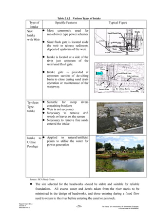 -28- The Study on Introduction of Renewable Energies
in Rural Areas in MYANMAR
Nippon Koei / IEEJ
Volume 4
Manuals Part 2
Table 2.1.2 Various Types of Intake
Type of
Intake
Specific Features Typical Figure
Side
Intake
with Weir
z Most commonly used for
run-of-river type power schemes
z Sand flush gate is located aside
the weir to release sediments
deposited upstream of the weir.
z Intake is located at a side of the
river just upstream of the
weir/sand flush gate.
z Intake gate is provided at
upstream section of de-silting
basin to close during sand drain
operation or maintenance of the
waterway.
Tyrolean
Type
Intake
z Suitable for steep rivers
containing boulders
z Weir is not necessary
z Necessary to remove drift
woods or leaves on the screen
z Necessary to remove fine sands
entered the intake
Intake to
Utilise
Pondage
z Applied to natural/artificial
ponds to utilise the water for
power generation
Source: JICA Study Team
z The site selected for the headworks should be stable and suitable for reliable
foundations. All excess water and debris taken from the river needs to be
minimised in the design of headworks, and those entering during a flood flow
need to return to the river before entering the canal or penstock.
Weir
SandFlush Gate
Intake
Weir
Intake
De-silting Basin
Sand Flush Gate
Side Spillway
Waterway
Flow
Intake Gate
 