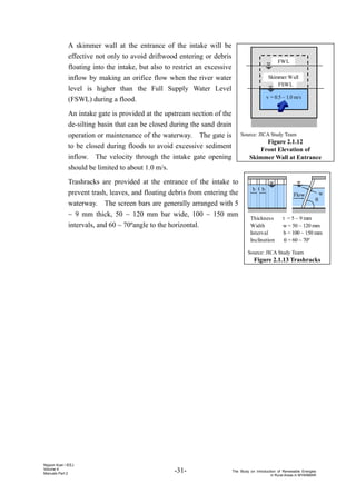 -31- The Study on Introduction of Renewable Energies
in Rural Areas in MYANMAR
Nippon Koei / IEEJ
Volume 4
Manuals Part 2
FSWL
FWL
Skimmer Wall
v = 0.5 ~ 1.0 m/s
Source: JICA Study Team
Figure 2.1.12
Front Elevation of
Skimmer Wall at Entrance
Flow
θ
b b
t
Thickness t = 5 ~ 9 mm
Width w = 50 ~ 120 mm
Interval b = 100 ~ 150 mm
Inclination θ = 60 ~ 70º
w
Source: JICA Study Team
Figure 2.1.13 Trashracks
A skimmer wall at the entrance of the intake will be
effective not only to avoid driftwood entering or debris
floating into the intake, but also to restrict an excessive
inflow by making an orifice flow when the river water
level is higher than the Full Supply Water Level
(FSWL) during a flood.
An intake gate is provided at the upstream section of the
de-silting basin that can be closed during the sand drain
operation or maintenance of the waterway. The gate is
to be closed during floods to avoid excessive sediment
inflow. The velocity through the intake gate opening
should be limited to about 1.0 m/s.
Trashracks are provided at the entrance of the intake to
prevent trash, leaves, and floating debris from entering the
waterway. The screen bars are generally arranged with 5
~ 9 mm thick, 50 ~ 120 mm bar wide, 100 ~ 150 mm
intervals, and 60 ~ 70ºangle to the horizontal.
 
