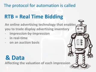 RTB = Real Time Bidding
An online advertising technology that enables
you to trade display advertising inventory
- impression-by-impression
- in real-time
- on an auction basis
The protocol for automation is called
& Data
Affecting the valuation of each impression
 