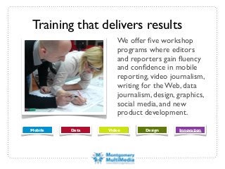Training that delivers results
We offer ﬁve workshop
programs where editors
and reporters gain ﬂuency
and conﬁdence in mobile
reporting, video journalism,
writing for the Web, data
journalism, design, graphics,
social media, and new
product development.
Mobile Data Video Design Innovation
 
