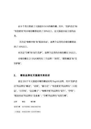 前 9 个类目 献了天猫超市贡 91%的 售 。其中，“洗 清洁”和销 额 护
“零食 果”的市 份 都 到了坚 场 额 达 20%以上，是天猫超市最主要的品
类。
其次是“咖 冲 ”和“粮油米面”， 个品类的市 份 都啡 饮 这两 场 额 达
到了 10%以上。
再次是“生 ”和“尿片洗 ”， 个品类的市 份 在鲜 护 这两 场 额 5%以上。
市 份 在场 额 2~5%区 的有三个品牌：“酒类”，“ 粉 食”和“美间 奶 辅
容 ”。护肤
2、 哪些品牌在天猫超市卖的好
是这 2017 年天猫超市 售 最好的销 额 Top10 品牌，其中“洗 清护
洁”的品牌有“ ”，“清 ”，“ 月亮”；“零食 果”的品牌有“三只松维达 风 蓝 坚
鼠”，“百草味”，“良品 子”；“咖 冲 ”的品牌有“蒙牛”，“伊利”；铺 啡 饮
“粮油米面”的品牌有“金 ”；“生 ”的品牌有“易果生 ”。龙鱼 鲜 鲜
品牌 量销 售销 额
易果生鲜 93746982 2082366740
三只松鼠 65622189 1531073861
 